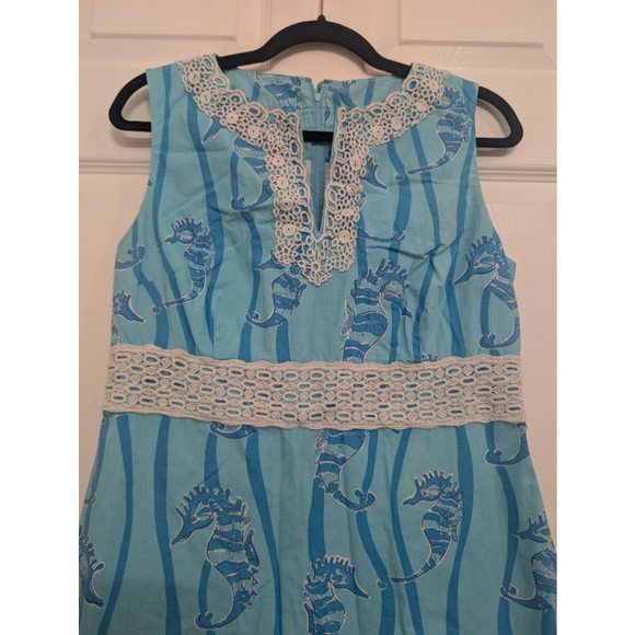 Women's Vintage Lilly Pulitzer Mini Dress Size 10 Blue White Seahorse Print Lace - Picture 3 of 10